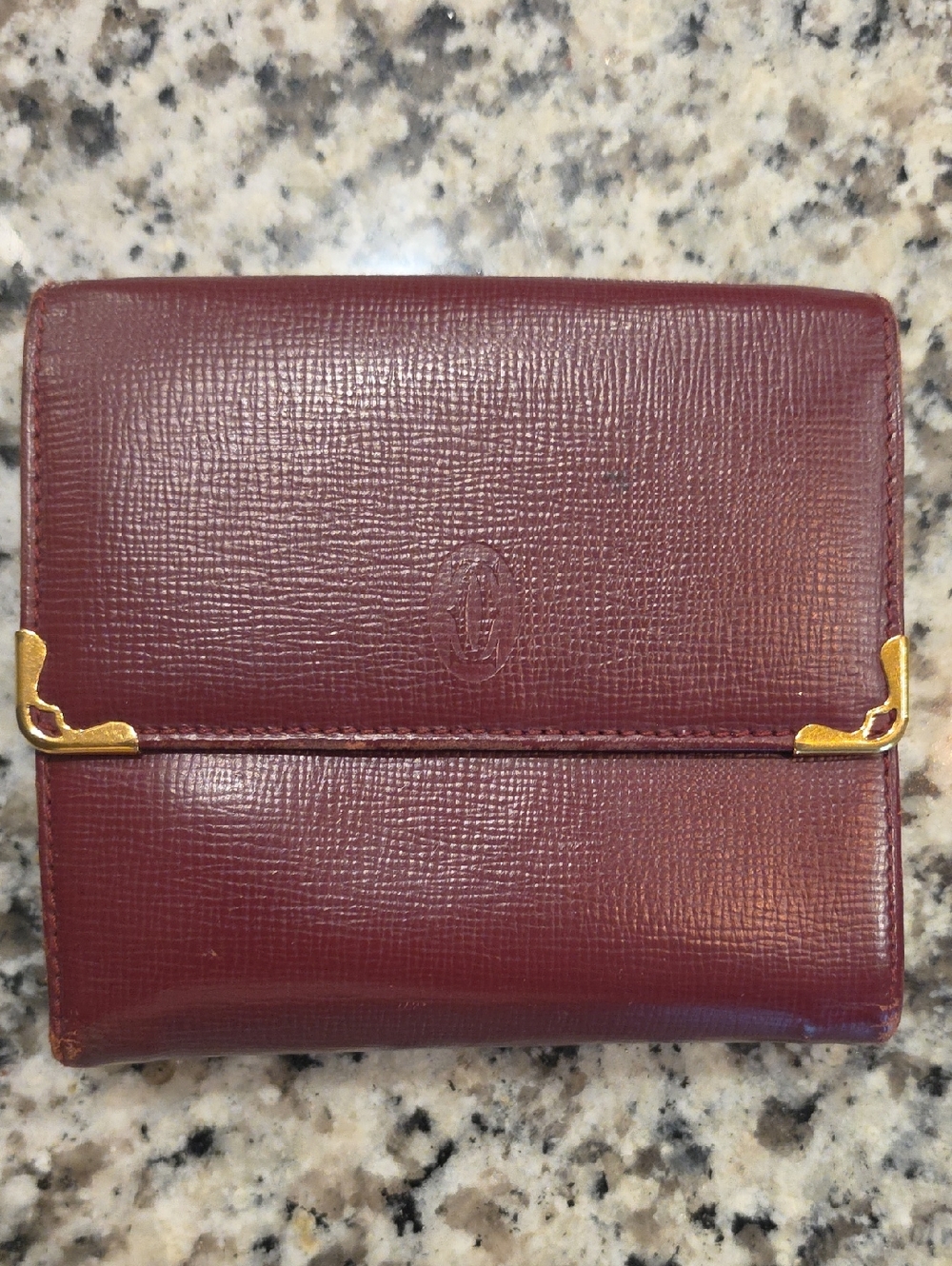 Cartier Burgundy Leather Compact Wallet with Gold Corners